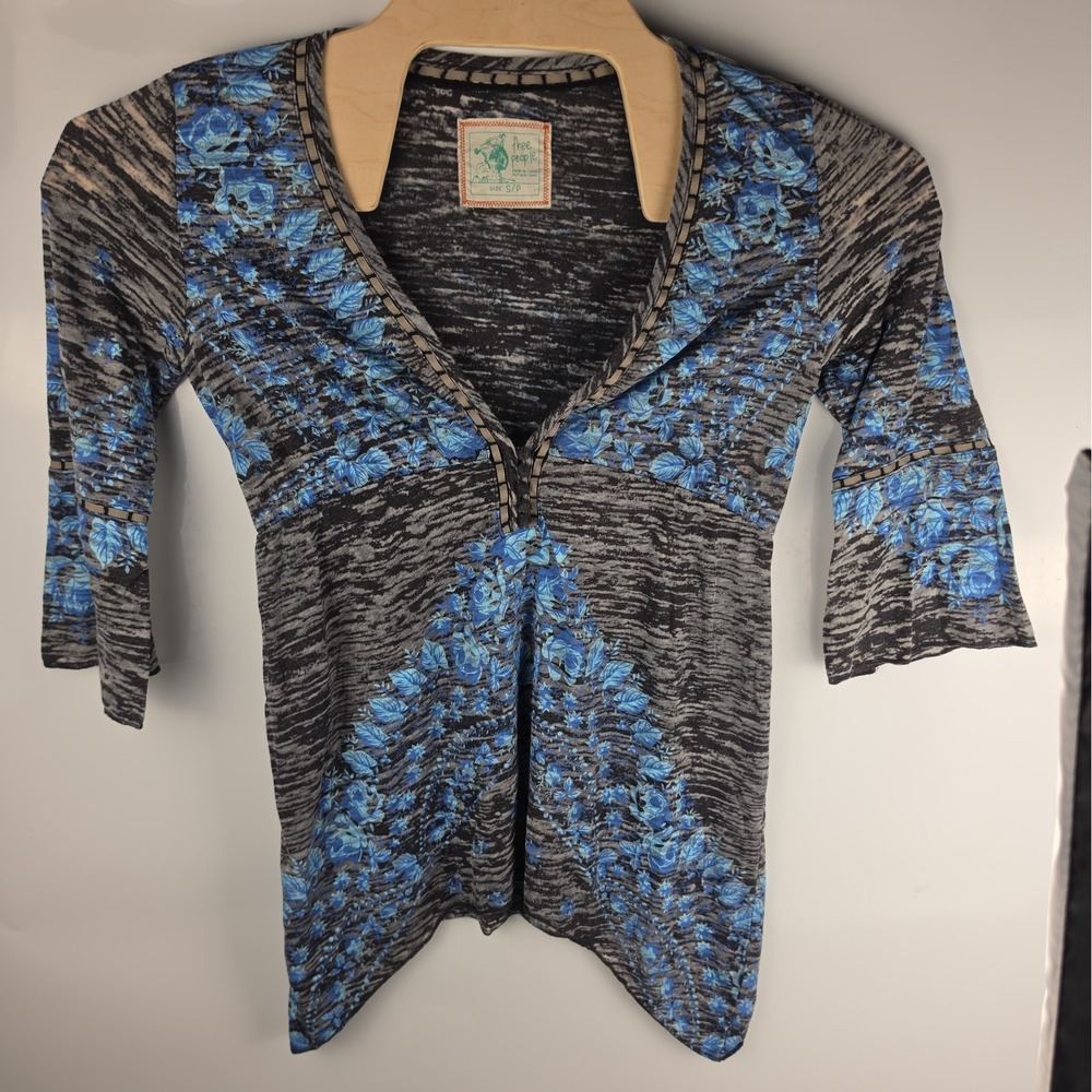 Free People Tunic Blue Black Size S/P Bell Sleeve Boho Braided